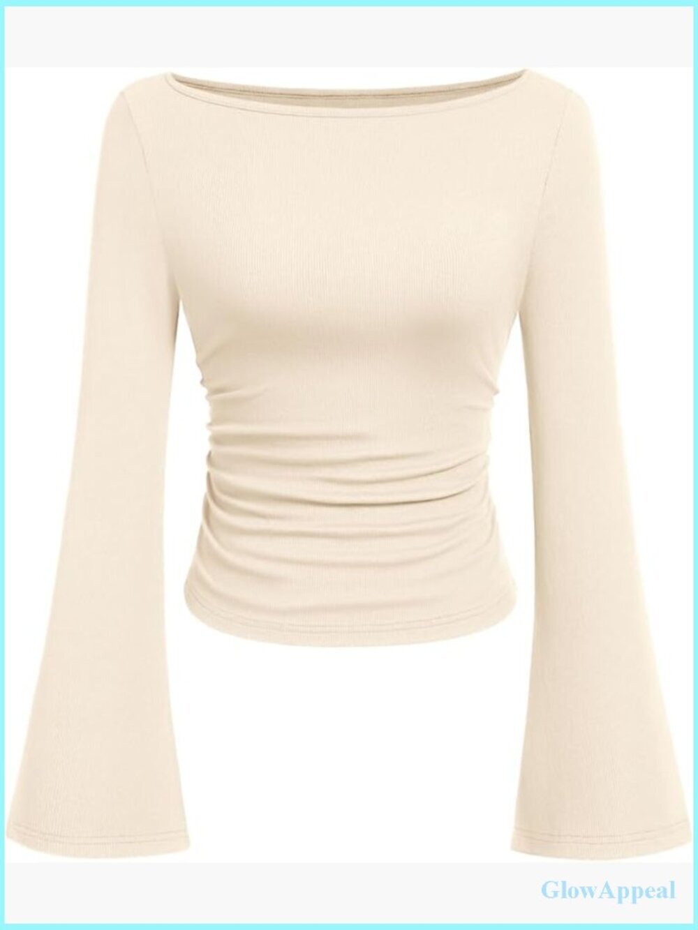 Long Sleeve Crop Boat Neck Bell Sleeve Ribbed Ruched Y2K Top Slim Fit